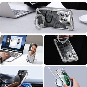 iPhone 15 Pro Max NY Carbon Fiber Magsafe Cover With Round Kickstand – Silver