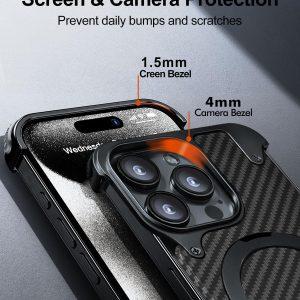 iPhone 15 Pro Max NY Carbon Fiber Magsafe Cover With Round Kickstand – Black