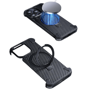 iPhone 15 Pro Max NY Carbon Fiber Magsafe Cover With Round Kickstand – Black