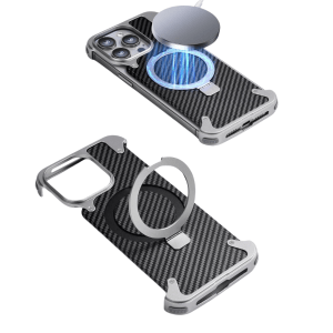 iPhone 15 Pro Max NY Carbon Fiber Magsafe Cover With Round Kickstand – Silver