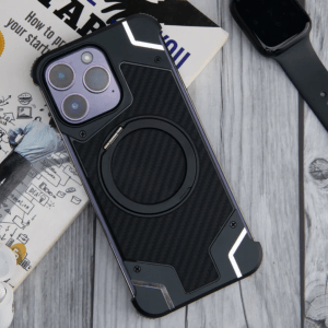 iPhone 15 Pro Max NY Carbon Shockproof Cover With Round Kickstand – Black