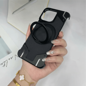 iPhone 15 Pro Max NY Carbon Shockproof Cover With Round Kickstand – Black