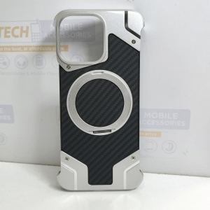 iPhone 15 Pro Max NY Carbon Shockproof Cover With Round Kickstand – White Titanium