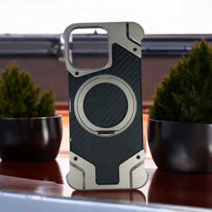 iPhone 15 Pro Max NY Carbon Shockproof Cover With Round Kickstand – Natural Titanium