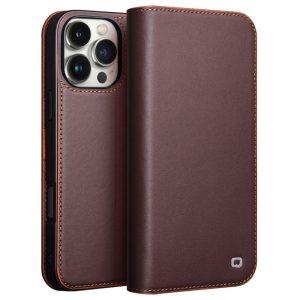 QIALINO iPhone 16 Pro Flip Stand Genuine Leather Wallet Cover – Brown