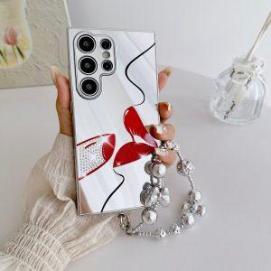 Samsung Galaxy S24 Ultra IMD Silver Rhinestones Lips Decor Cover with Chain