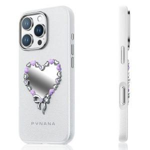 iPhone 16 Pro Max PYNANA PN-16YJ4 Heart-Shape Mirror Leather Cover – Silver
