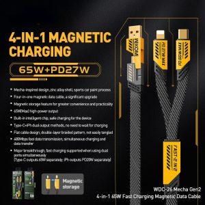 Wekome Mecha Series 4-in-1 Magnetic Charging Cable Lightning & Type-C & USB 65W 1M WDC-26 – Yellow
