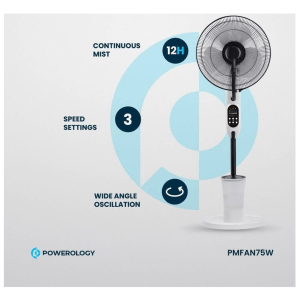 Powerology 75W Mist Fan 16 inches Stand With 2.8L Water Tank – White (PMFAN75W)