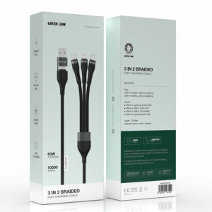 Green Lion 3 in 2 Braided Fast charging Cable 60W 1.2M – Black (GN3IN2FCCLBK)