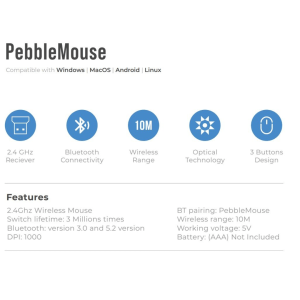 Blupebble Pebble Wireless Mouse 1000 Dpi Dual Mode Black BP-PEBBLEMOUSE1-BK