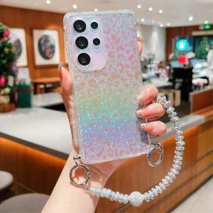 Samsung Galaxy S25 Ultra Gradient TPU Glitter Cover With Rhinestones Strap – Gold