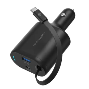 Powerology PD20W + QC30W + Type C Extendable Cable 20W Dual Ports Car Charger 1m- Black (PCCSR018)