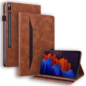 Samsung Galaxy Tab S9 FE/S9/S8/S7 PU Leather Wallet Stand Cover with Pen Holder - Brown