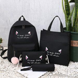 Student Backpack Set Tote Sling Shoulder Bag Pencil Case Travel Bag Kit - Black