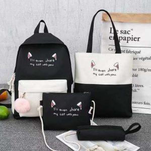 Student Backpack Set Tote Sling Shoulder Bag Pencil Case Travel Bag Kit - Black White