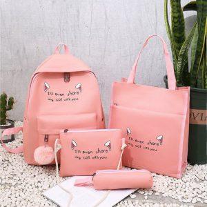 Student Backpack Set Tote Sling Shoulder Bag Pencil Case Travel Bag Kit - Pink