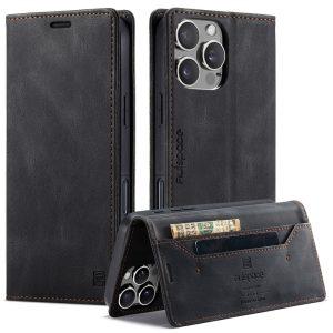 iPhone 16 Pro Max AUTSPACE A01 Leather Flip Cover With RFID Blocking Card Holder – Black