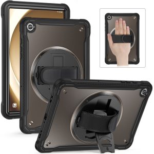 Samsung Galaxy Tab A9+ PC+TPU Rotary Kickstand Hand Strap Cover - Transparent Black