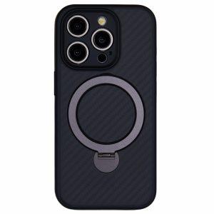 iPhone 13 Pro Carbon Fiber Texture Magnetic Ring Kickstand TPU Cover – Black