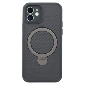 iPhone 12 Carbon Fiber Texture Magnetic Ring Kickstand TPU Cover – Black