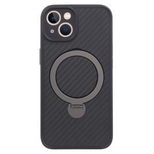 iPhone 13 Carbon Fiber Texture Magnetic Ring Kickstand TPU Cover – Black