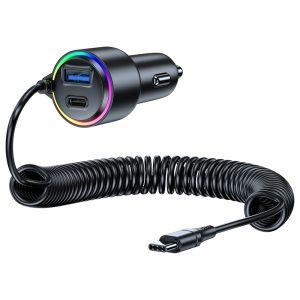 T26 75W Fast Car Charger with Coiled Type C Cable - Black