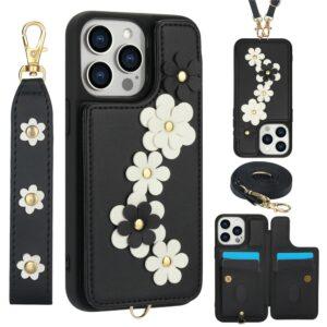 iPhone 16 Pro Max SY-001 Leather Coated TPU Flower Phone Cover - Black