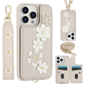 iPhone 16 Pro Max SY-001 Leather Coated TPU Flower Phone Cover - Beige