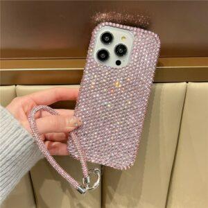 iPhone 16 Pro Max Rhinestone Encrusted Cover with Hand Chain – Pink