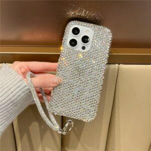 iPhone 16 Pro Max Rhinestone Encrusted Cover with Hand Chain – White