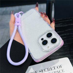 iPhone 16 Pro Max Rhinestone Glitter TPU Cover with Wrist Strap – Purple