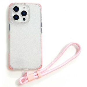 iPhone 16 Pro Max Rhinestone Glitter TPU Cover with Wrist Strap – Pink