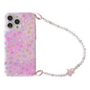 iPhone 15 Pro Max IMD Star Design TPU Cover with Beaded Strap – Pink