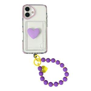 iPhone 16 Card Holder Transparent Cover with Beaded Wrist Strap - Plum