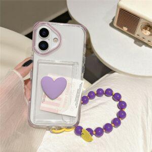 iPhone 16 Card Holder Transparent Cover with Beaded Wrist Strap – Plum