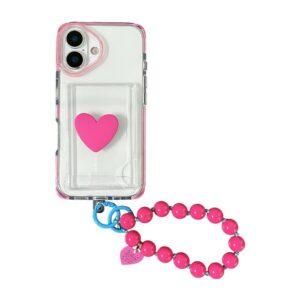 iPhone 16 Card Holder Transparent Cover with Beaded Wrist Strap - Rose