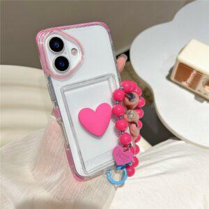 iPhone 16 Card Holder Transparent Cover with Beaded Wrist Strap – Rose