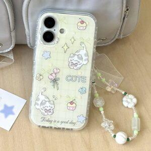 iPhone 16 IMD Cute Cat Design TPU Cover with Wrist Strap – Yellow
