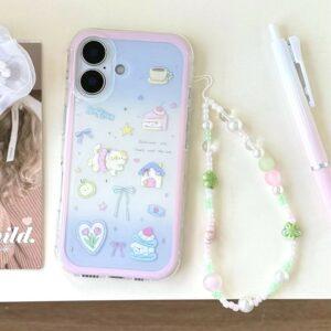 iPhone 16 IMD Cute Cat Design TPU Cover with Wrist Strap – Pink