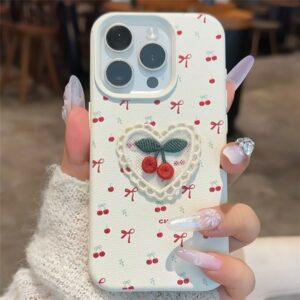 iPhone 15 Pro Max Embroidered Cherry Litchi Texture Back Cover – White