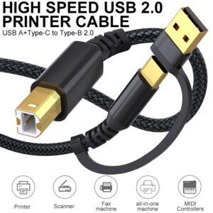USB/Type-C to USB Type-B 2 in 1 Braided 5M Printer Cable – Black