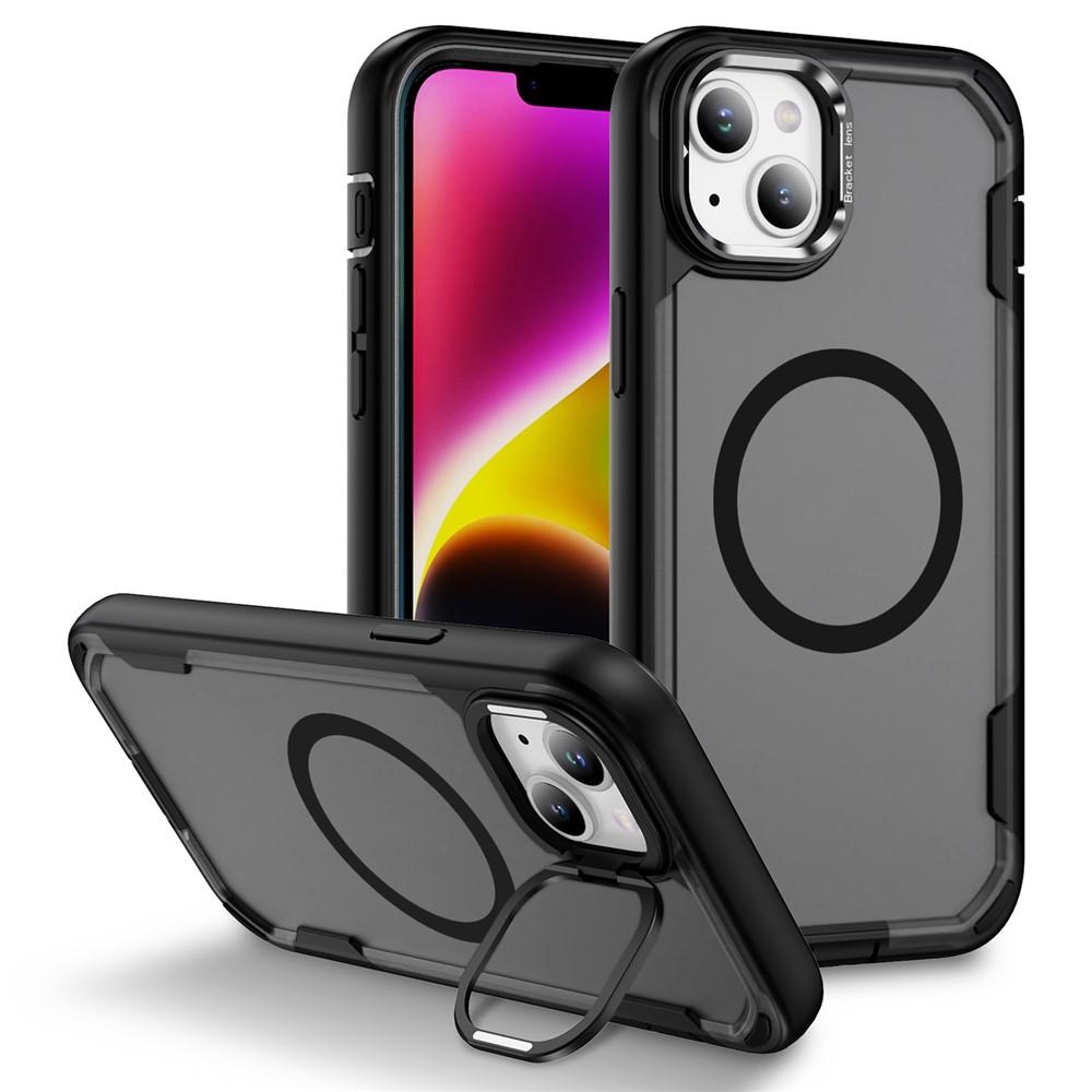 iPhone 14 / 13 MagSafe Kickstand Lens Frame TPU+PC Shockproof Cover - Black Clear Gray
