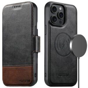 iPhone 16 Pro Max SUTENI Q-06 Color Splicing Magnetic Detachable Leather Cover - Black