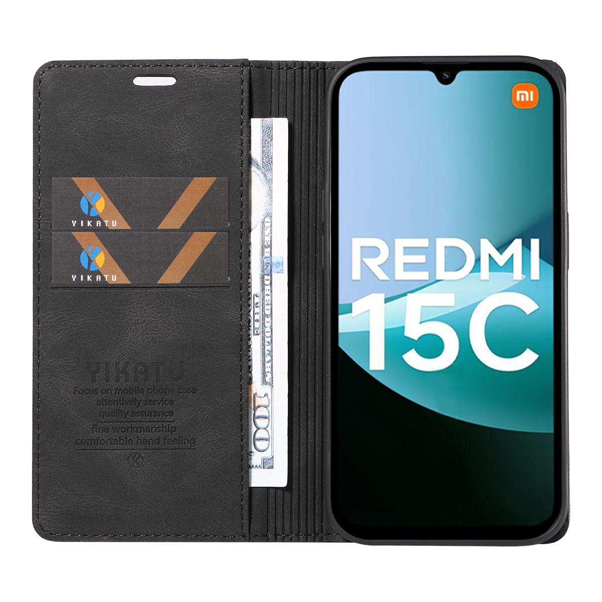 Redmi 15C 4G YIKATU YK-004 flip leather Skin-Touch Wallet Cover - Black - Image 2