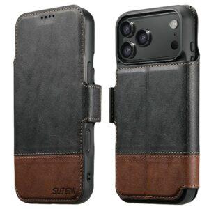 iPhone 17 Pro SUTENI Q-06 Color Splicing Magnetic Detachable Leather Cover – Black
