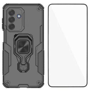 Samsung Galaxy A17 WANLONFENG Rugged Ring Kickstand with Tempered Glass – Black