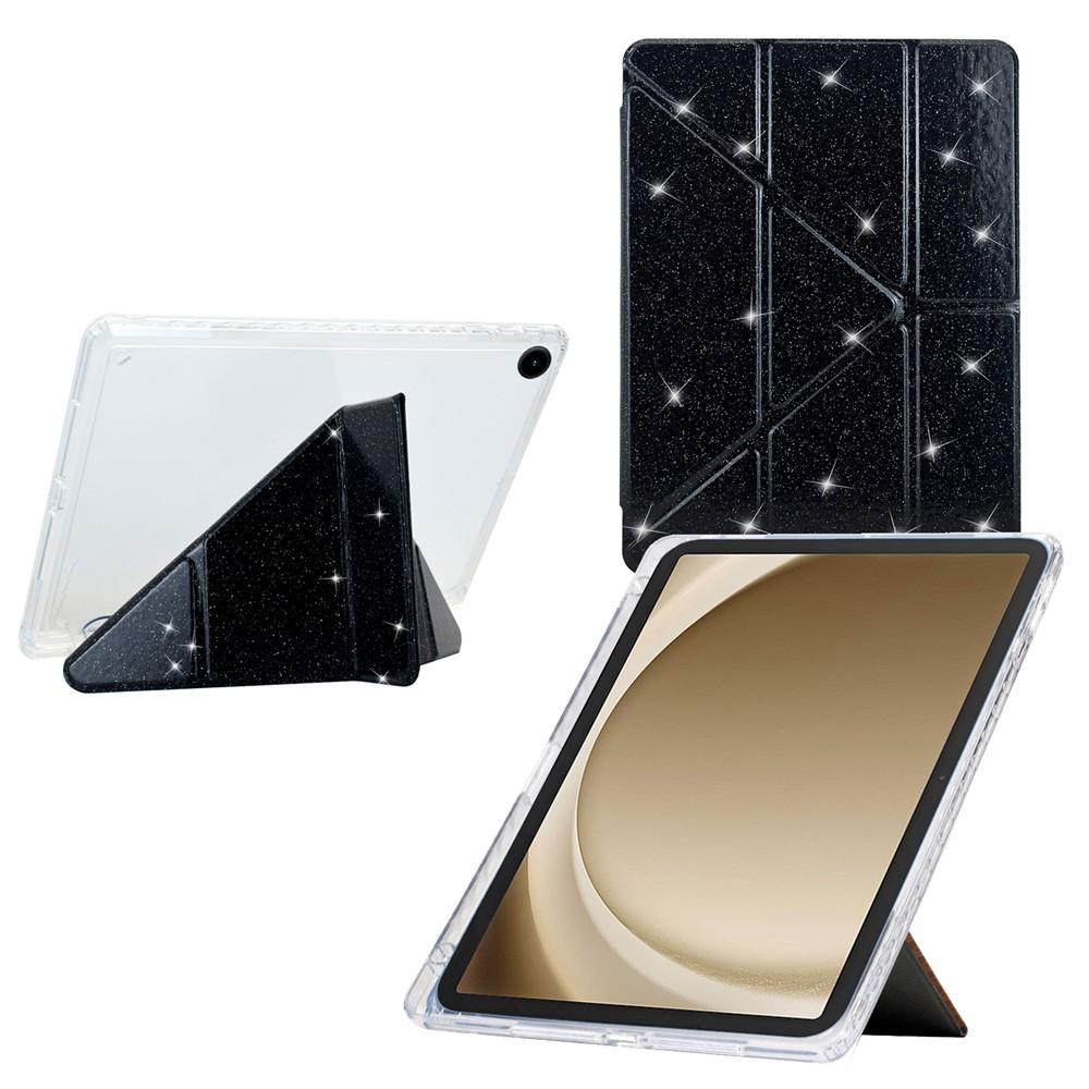Samsung Galaxy Tab A9+ Y-Fold Stand Glitter Leather TPU Clear Cover - Black
