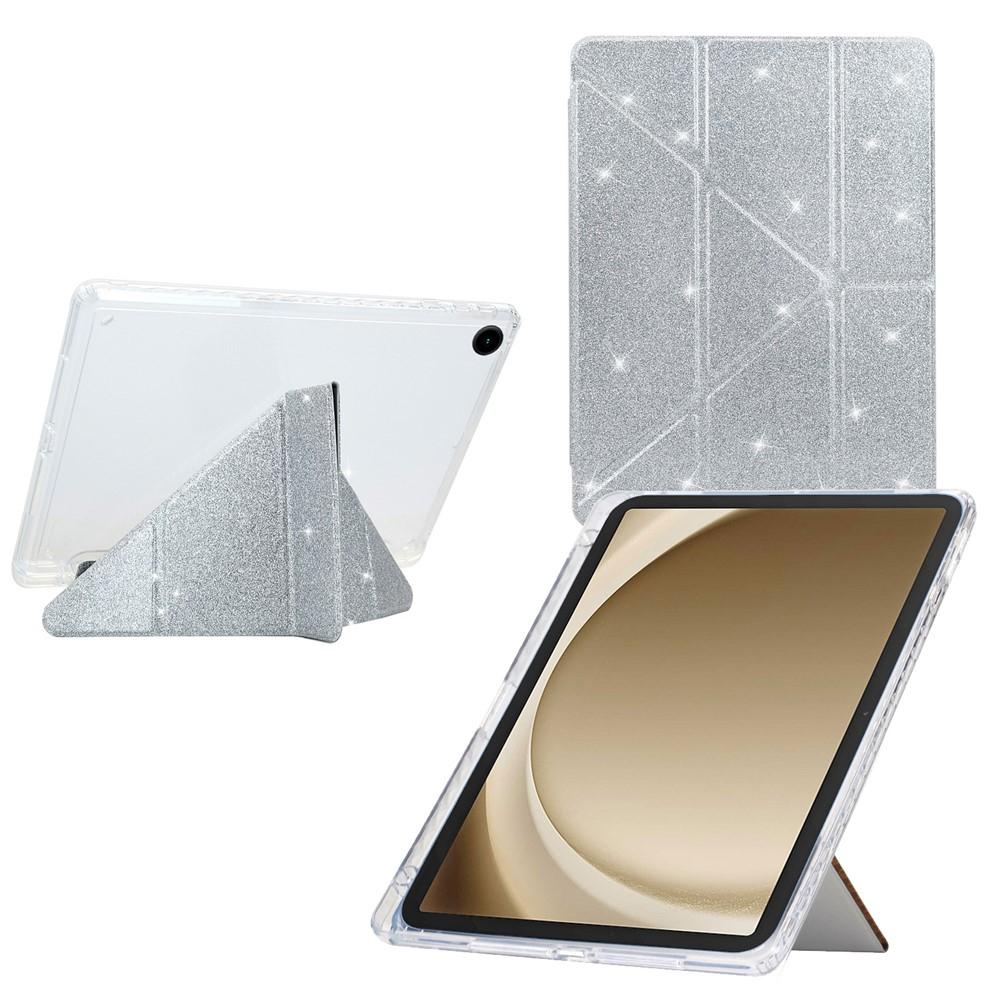 Samsung Galaxy Tab A9+ Y-Fold Stand Glitter Leather TPU Clear Cover - Silver
