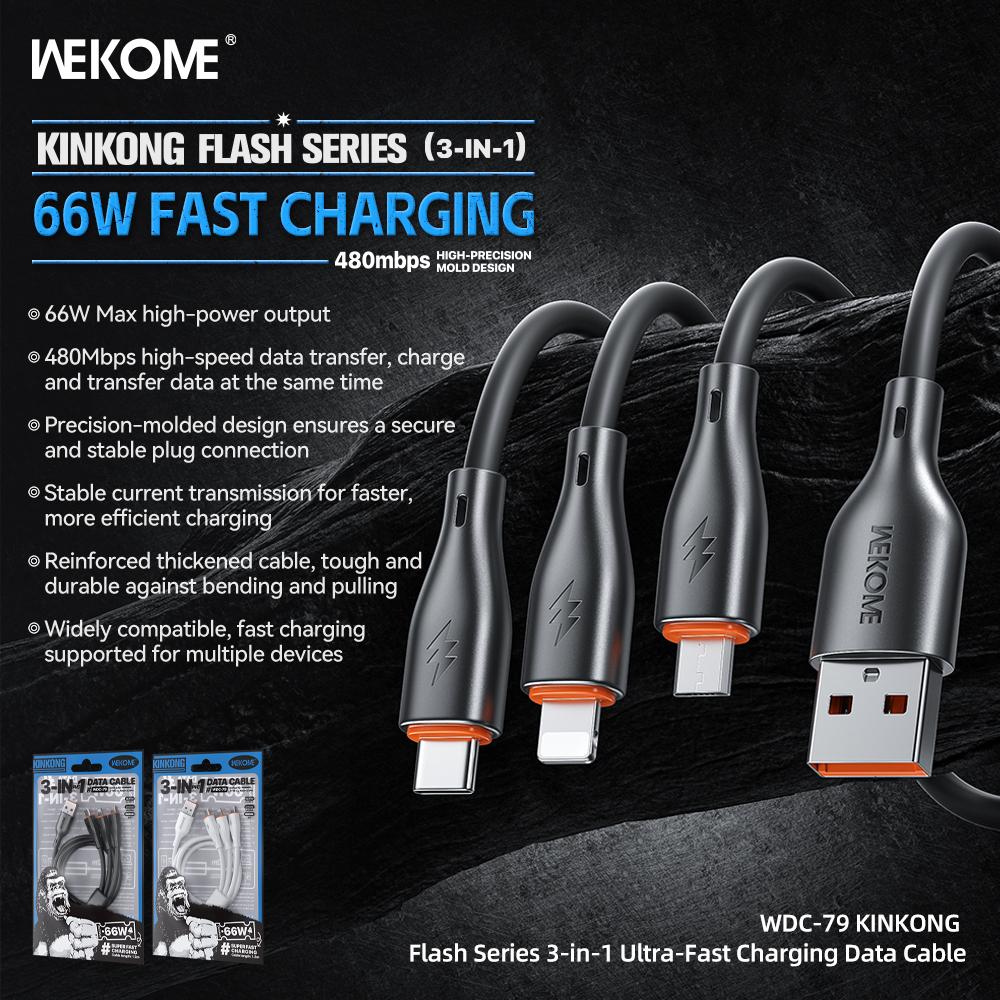 Wekome WDC-79 3-in-1 66W KINKONG Flash Series Ultra-Fast Data Cable - Black - Image 2